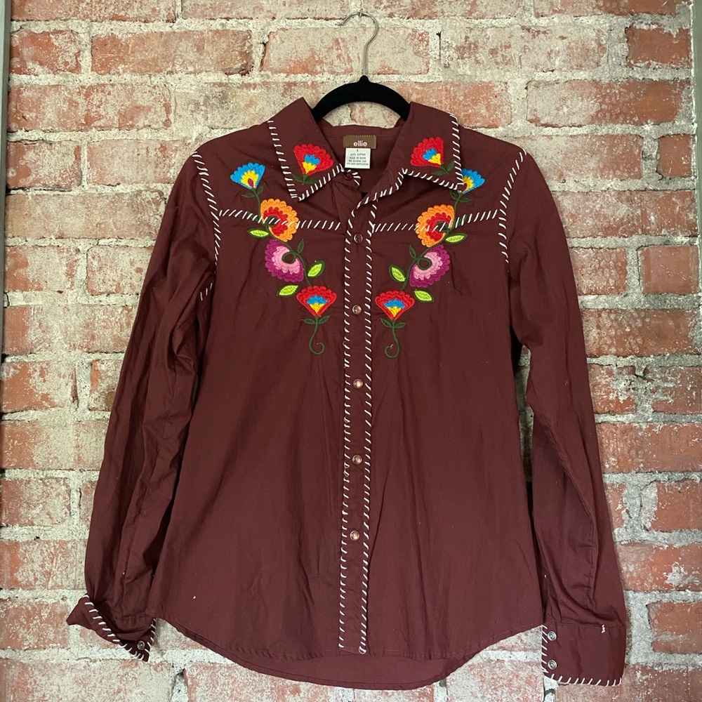 Ellie embroidered button down shirt.